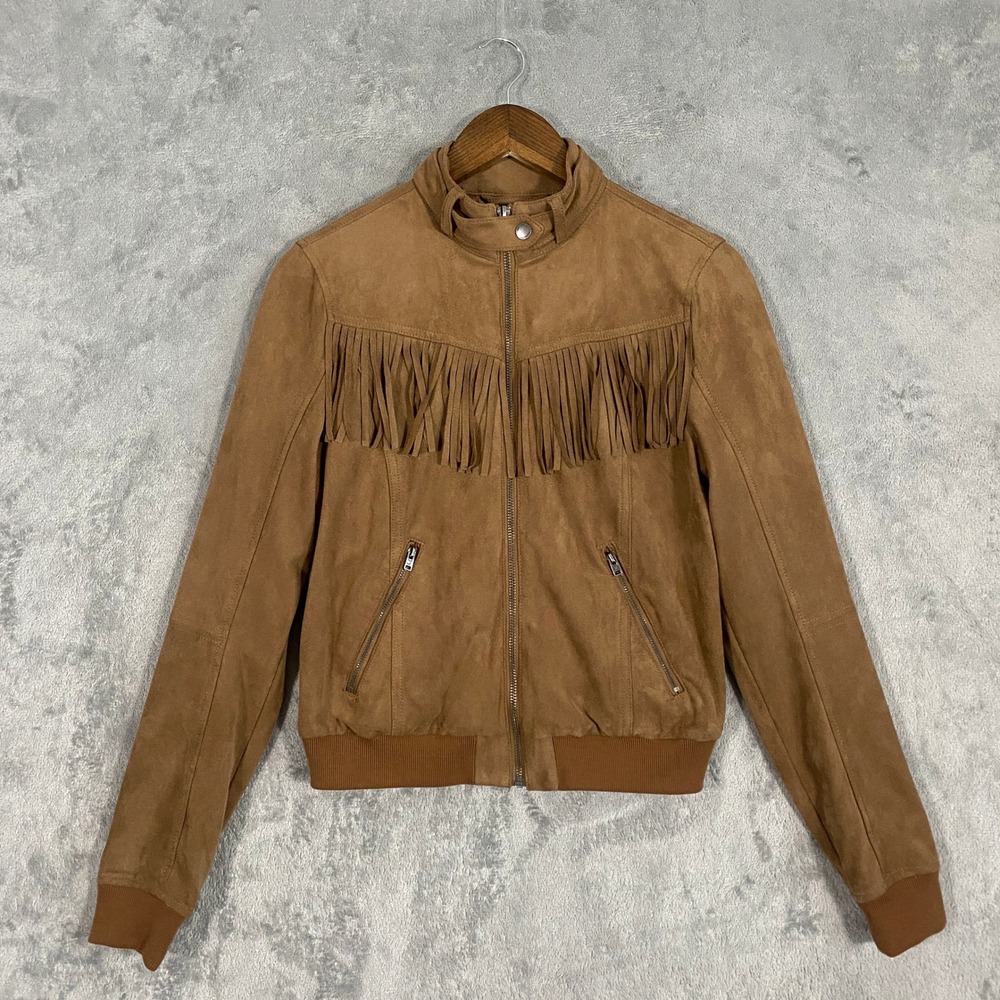 Hollister Jacket Sz M Brown Faux Suede Fringe Bomber Indie Western Boho Festival